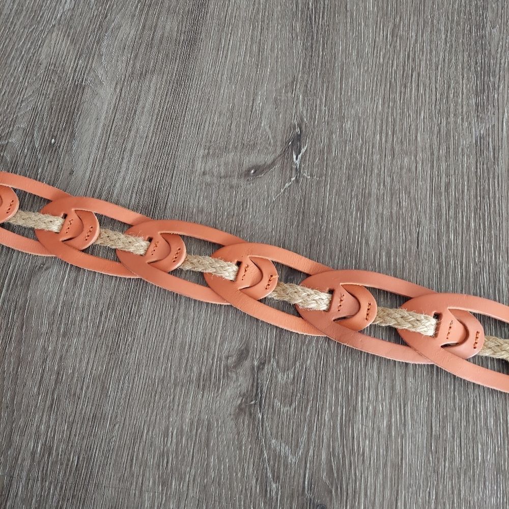Linea Pelle Leather Link Jute Hip Sling Belt Sz S Orange Cream Ring Buckle Boho - Picture 4 of 6
